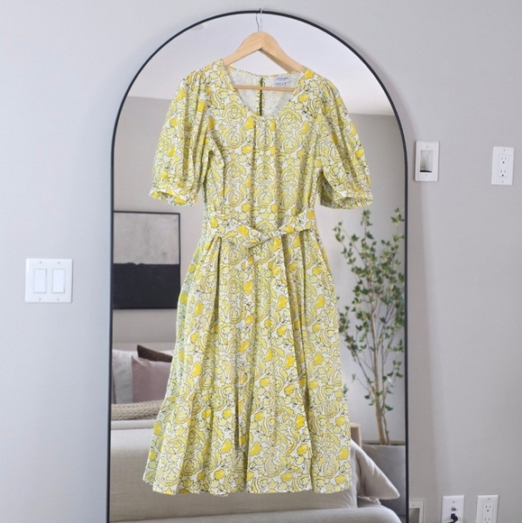 Olivia James The Label Scoop Neck Puff Sleeve Belted Midi Dress, Size Medium - Picture 1 of 10